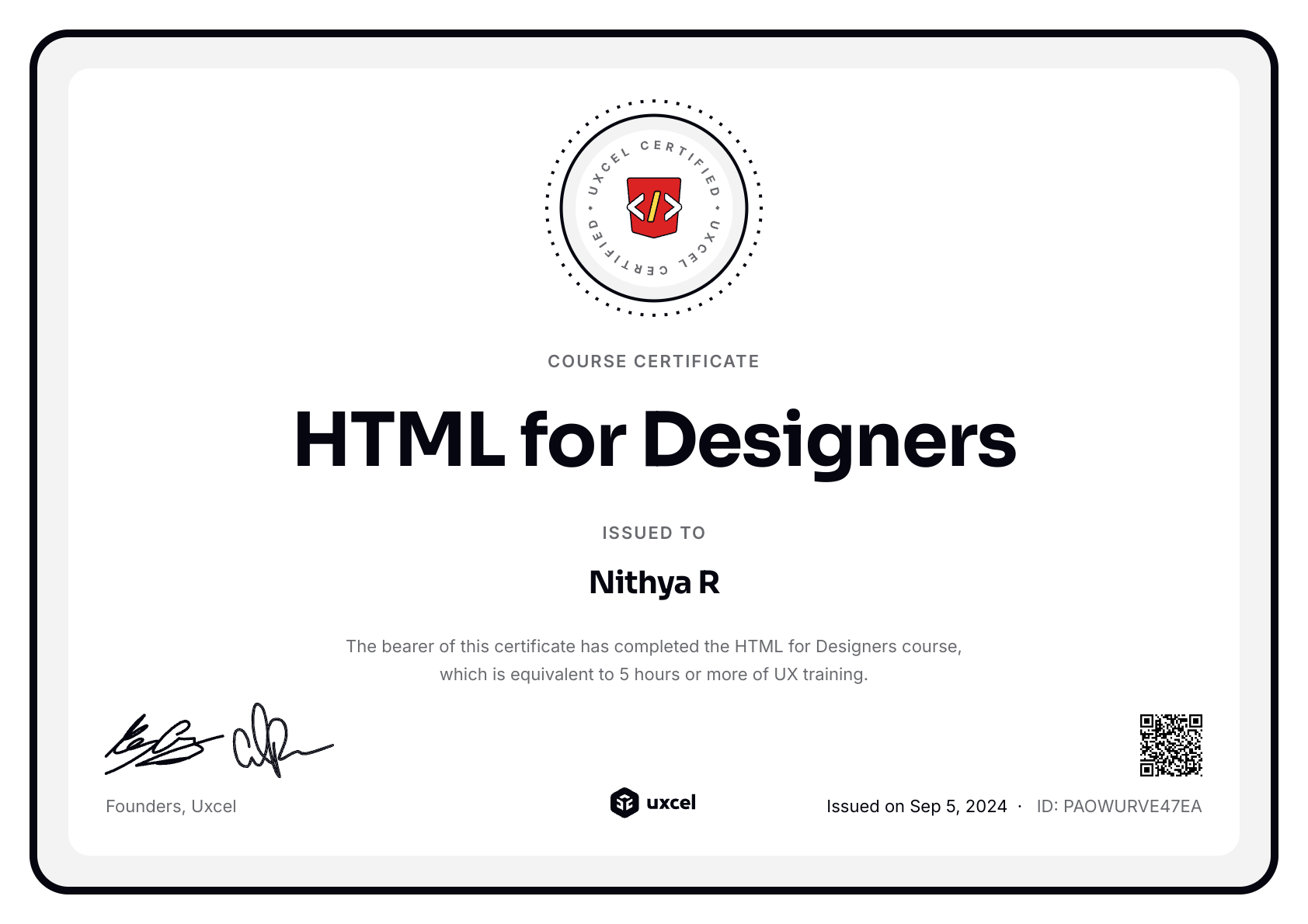 Nithya R's certificate